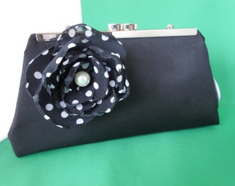 Black Wedding Clutch with Polka Dot Flower, Polka Dot Evening Clutch, Black Evening Bag, Black & White Wedding Clutch,