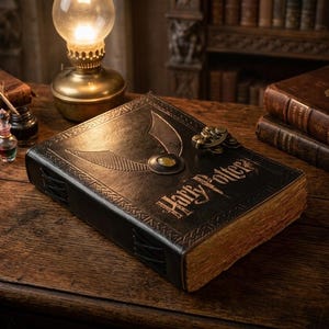 Puede incluir: Un libro encuadernado en cuero negro con el título Harry Potter grabado en oro en la portada. La cubierta presenta un emblema central de snitch dorada con alas y un cierre de metal. Las páginas tienen un aspecto envejecido y desgastado.