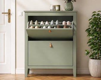 Zapatero verde con 2 cajones abatibles, almacenamiento de zapatos para recibidor estrecho, organizador de zapatos de madera escandinavo, mueble de pasillo que ahorra espacio