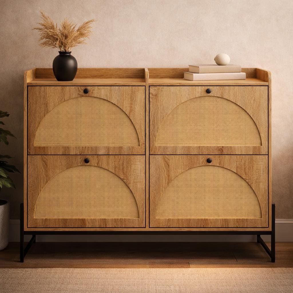 Zapatero de madera con puertas de ratán, moderno zapatero para recibidor, organizador de zapatos escandinavo, zapatero oculto