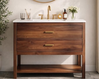 Mueble de baño con lavabo Meuble Lavabo, mueble de baño moderno de madera con cajones de almacenamiento, muebles de baño, mueble de baño con acabado en nogal.