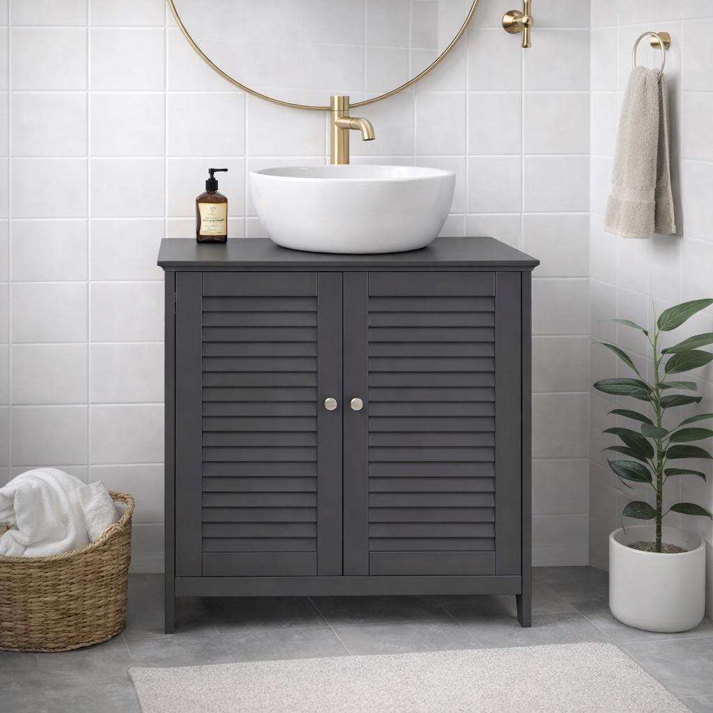 Mobile da bagno con lavabo, mobile moderno nero, ante a persiana, vano contenitore sottolavabo, mobile per bagno di piccole dimensioni
