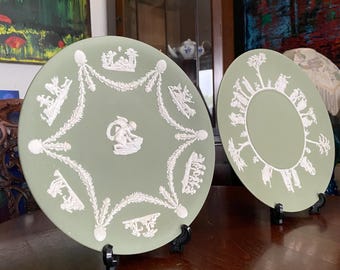 Pair Wedgwood Jasperware Sage Green Plates Dancing Hours Cherubs Neoclassical Vintage Wedgwood England 1960s