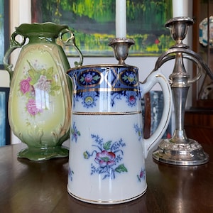 Jarra victoriana Martin Hanley de 1899, jarra antigua de loza, cobalto, oro dorado, Flow Blue, Staffordshire, tapa patentada.