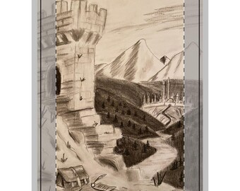 Medieval Castle Sketch Wall Tapestry | Mountain Landscape