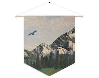 Mountain Landscape Pennant | Painted Peaks, Pine Forest, Soaring Dragon