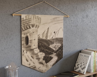 Medieval Castle Landscape Pennant | Vintage Mountain Wall Banner