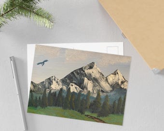 Mountain Landscape Postcard | Snowy Peaks, Pine Forest, Dragon Oil Painting