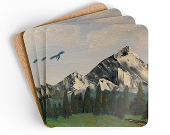 Mountain Landscape Coasters set of 4 | Painted Peaks Cork Coaster | Distant Dragon Oil Painting