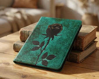 Black Rose silhouette Kindle Case | Teal grunge botanical cover