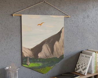 Mountain Landscape Pennant | Painted Cliff Scene with Soaring Dragon
