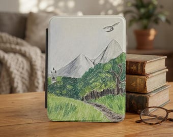 Hand-drawn Mountain Landscape Kindle Case | Castle, Forest Path, Dragon