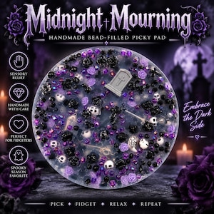 May include: A circular Midnight Mourning handmade bead-filled picky pad featuring a clear base embedded with black and purple beads, miniature skulls, roses, a tombstone, and coffin charms. The text reads Midnight Mourning, Handmade Bead-Filled Picky Pad, Embrace the Dark Side, and Pick, Fidget, Relax, Repeat.