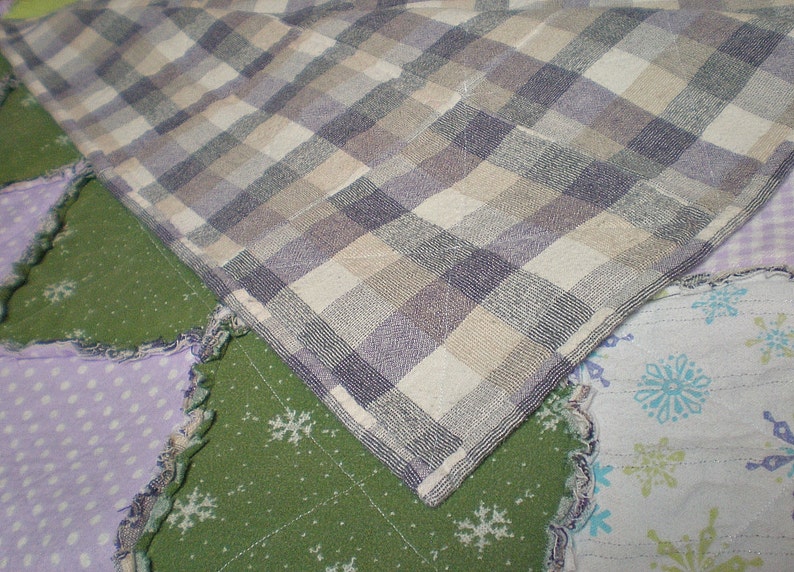 TWIN Lavender, Purple, Green Rag Quilt Handmade Recycled Fabrics image 5