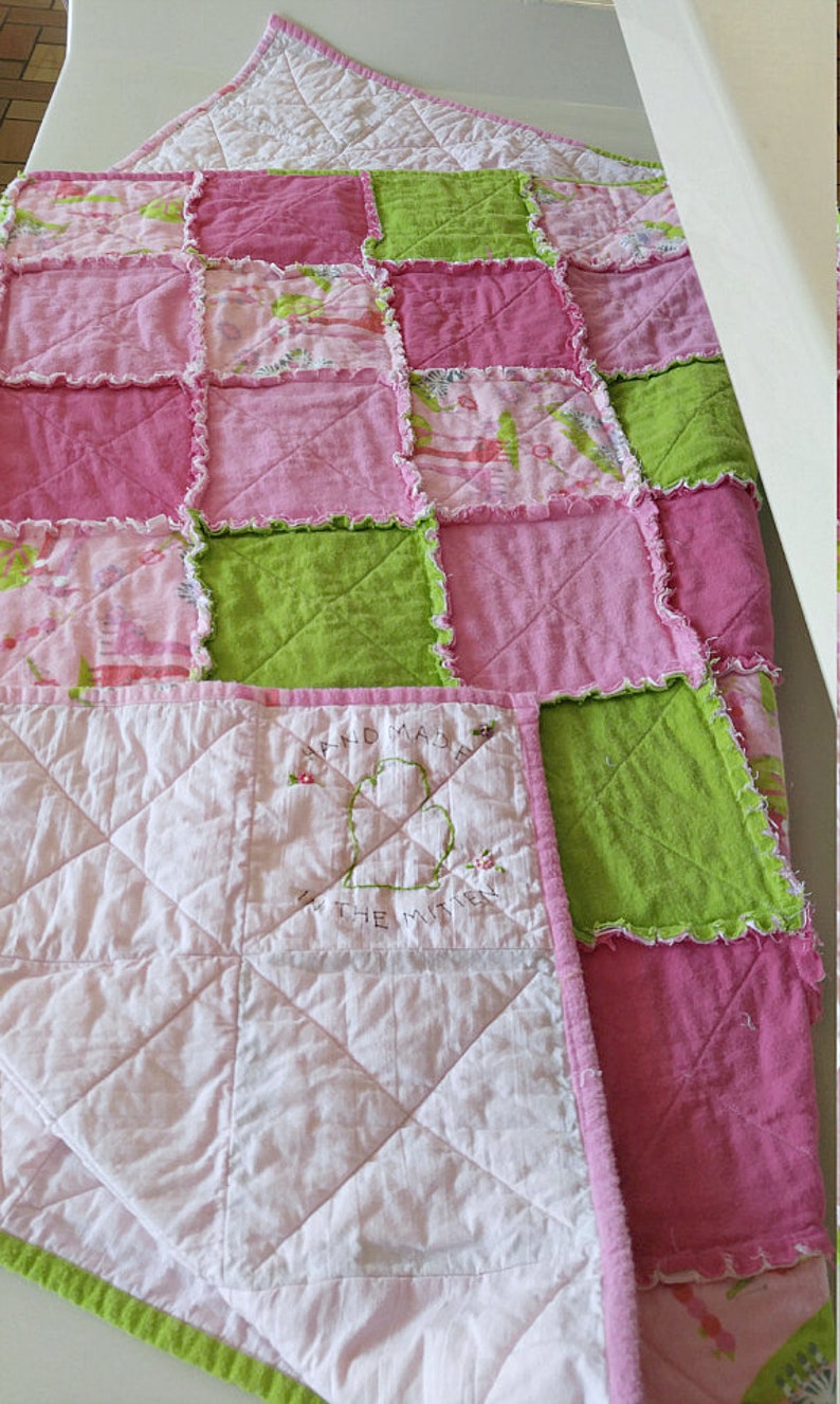 TODDLER Pink & Green Rag Quilt Handmade Soft Flannel image 2