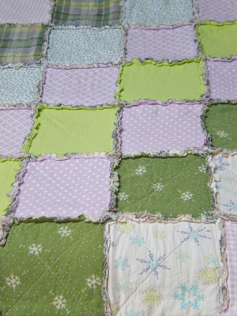 TWIN Lavender, Purple, Green Rag Quilt Handmade Recycled Fabrics image 2