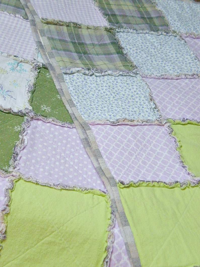 TWIN Lavender, Purple, Green Rag Quilt Handmade Recycled Fabrics image 3