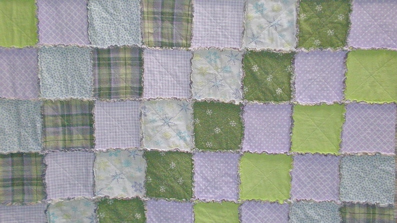 TWIN Lavender, Purple, Green Rag Quilt Handmade Recycled Fabrics image 4