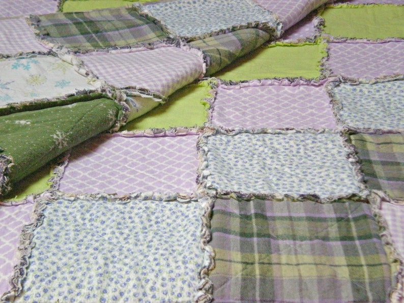 TWIN Lavender, Purple, Green Rag Quilt Handmade Recycled Fabrics image 1