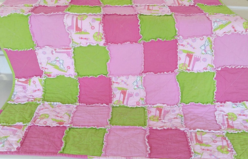 TODDLER Pink & Green Rag Quilt Handmade Soft Flannel image 1