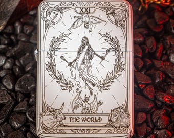 Lighter Tarot The World, Engraved Refillable Gift Lighter, Custom Option