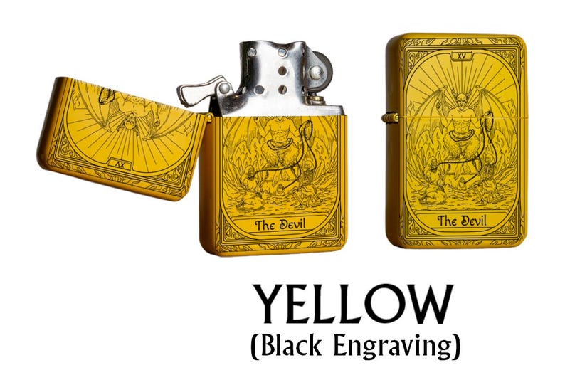 Lighter Tarot The Devil, Engraved Refillable Gift Lighter, Custom Option Yellow