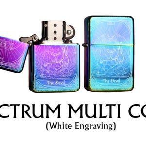 May include: Spectrum multi-color lighter with white engraving. The lighters have a gradient finish with purple, blue, and green hues. The design features an illustration of a devil and the text "The Devil".