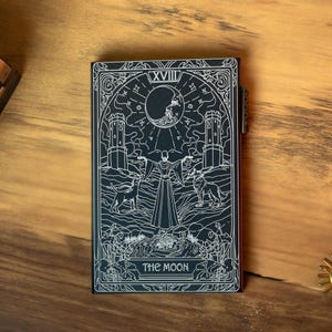 RFID Wallet The Moon Tarot Design, Engraved Metal Pop-Up Card Holder, Custom Option