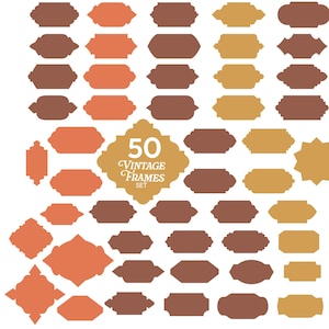 Może przedstawiać: Kolekcja 50 ozdobnych ramek o różnych kształtach i rozmiarach, w odcieniach brązu, pomarańczu i złota. Środkowa ramka zawiera biały napis 50 VINTAGE FRAMES SET. Te elementy graficzne są ułożone w formie siatki na jasnym tle.