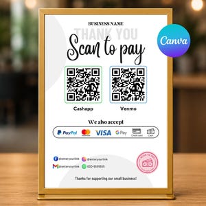 Scan to Pay Vorlage Zeichen | Venmo, Handy, Bargeld App Zahlung QR-Code Zeichen | Bearbeitbarer digitaler Sofort-Download
