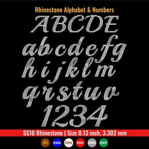 Plantilla de diamantes de imitación Alfabeto SVG Paquete A–Z Mayúsculas Minúsculas y Números / SS10 Fuente de diamantes de imitación cursiva / Diseño de camiseta para Cricut Silhouette