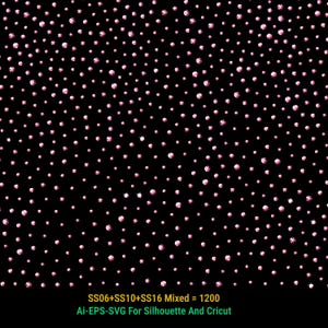 May include: A digital pattern featuring numerous small, light pink circular dots scattered across a solid black background. The text at the bottom reads SS06+SS10+SS16 Mixed = 1200 Ai-EPS-SVG For Silhouette And Cricut in yellow and green.