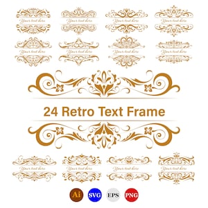 Könnte beinhalten: Eine Sammlung von 24 goldfarbenen, dekorativen Textrahmen mit komplexen Schnörkeln und floralen Motiven. Jeder Rahmen enthält den Platzhaltertext Your text here. Das Bild zeigt zudem den Text 24 Retro Text Frame und Dateiformat-Symbole.