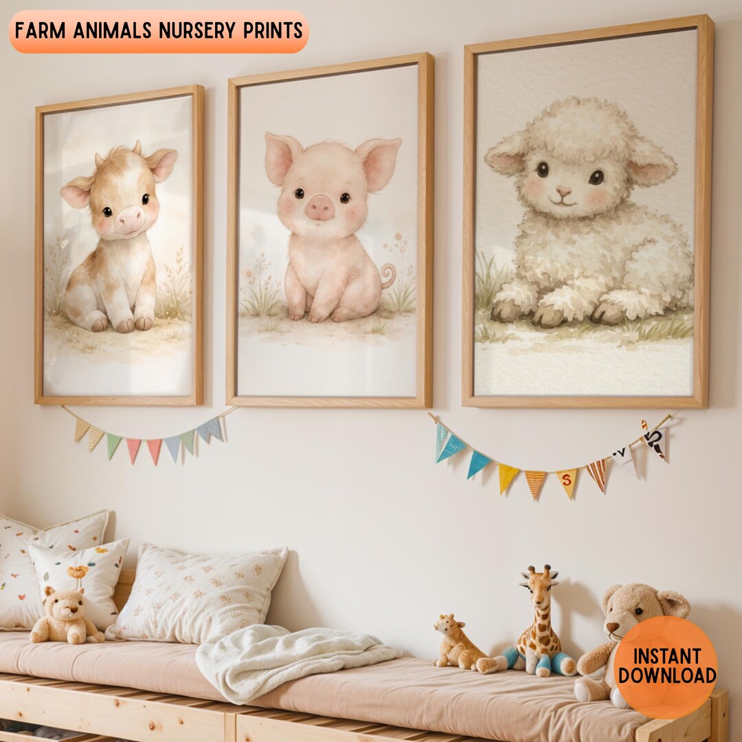 Farm Animal Nursery Prints Set of 3, Baby Cow Pig Sheep Wall Art ...
