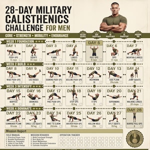 Peut inclure: Un tableau de défi de callisthénie militaire de 28 jours présentant une grille d'exercices quotidiens, incluant pompes, squats et fentes. L'affiche comprend un rapport de mission, un suivi d'opération et une image centrale d'une personne bras croisés.