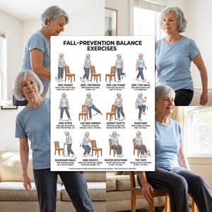 Könnte beinhalten: Ein Poster mit dem Titel "Fallpräventions-Gleichgewichtsübungen" zeigt illustrierte Übungen für Senioren. Die Übungen umfassen Fersenheben, Zehenwippen, Einbeinstand und Marschieren. Eine Frau in einem blauen Hemd und grauer Hose ist im Bild.