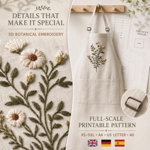 Peut inclure: Un tablier beige orné d'une broderie botanique en 3D représentant des fleurs blanches avec des tiges et des feuilles vertes. Le tablier comprend une poche avant, des bretelles réglables avec des boucles en métal et un patron imprimable.