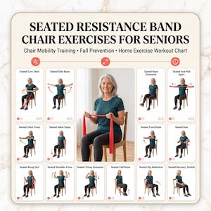 Senior Seated Resistance Band Chair Exercises PDF | 20 Chair Workout for Seniors, Elderly Mobility & Balance Training, Fall Prevention Chart