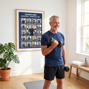 PDF de ejercicios con mancuernas para hombres mayores, ejercicios de fuerza para hombres de 60 años o más, rutina de ejercicios para imprimir en casa, tabla de ejercicios para la parte superior del cuerpo.