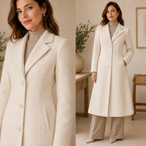 Peut inclure: Un long manteau en laine couleur crème doté d'un col structuré, de revers crantés et d'une fermeture simple boutonnage à trois boutons. Le manteau présente des manches longues, des coutures verticales et deux poches latérales sur un pull col roulé.