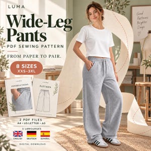 Peut inclure: Patron de couture PDF LUMA Wide-Leg Pants pour 8 tailles du XXS au 3XL. Le téléchargement numérique comprend des instructions et des fichiers de patron aux formats A4, US Letter et A0, en anglais, allemand et espagnol pour créer un pantalon gris.