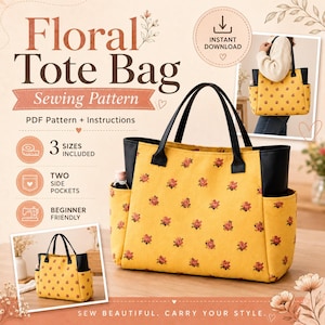 Peut inclure: Un sac fourre-tout jaune avec un motif floral rouge, des panneaux latéraux noirs et des anses noires. Le sac possède deux poches latérales et est présenté comme un patron de couture avec le texte Floral Tote Bag, Sewing Pattern et PDF.