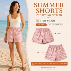 Könnte beinhalten: Ein PDF-Schnittmuster für Sommershorts mit roten und weißen vertikalen Streifen. Die Grafik zeigt die Vorder- und Rückansicht der Shorts, umfasst sieben Größen von XS bis XXXL und gibt die Formate A4, US Letter und A0 an.