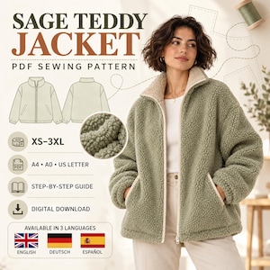 May include: A sage green teddy jacket PDF sewing pattern featuring a front and back line drawing, size range XS-3XL, A4, A0, and US letter formats, a step-by-step guide, digital download, and availability in English, German, and Spanish.