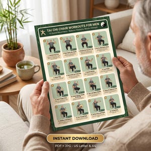Peut inclure: Une affiche intitulée "Tai Chi Chair Workouts for Men" avec 16 mouvements assis. L'affiche présente des illustrations d'exercices, un bord vert et le texte "Instant Download" en bas. L'affiche est tenue par une personne.