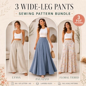 Könnte beinhalten: Ein Schnittmuster-Set für 3 weite Hosen mit dem Titel 3 WIDE-LEG PANTS SEWING PATTERN BUNDLE. Enthält 3 PDF-Schnittmuster für die Stile Lyssa, Palazzo und Floral Tiered. Bietet A4-, US Letter- und A0-Formate mit Ebenengrößen und Schnittmustern in Originalgröße.