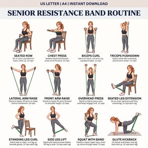 Peut inclure: Guide illustré pour une routine de bandes de résistance pour seniors. Le guide montre divers exercices, notamment l'aviron assis, la presse pectorale, les flexions des biceps, les extensions des triceps, les élévations latérales des bras, les élévations frontales des bras, la presse au-dessus de la tête, les extensions de jambes assises.