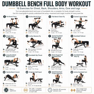 May include: A white informational chart titled DUMBBELL BENCH FULL BODY WORKOUT featuring 16 numbered illustrations of exercises using an adjustable bench and dumbbells, with text detailing target muscles and repetition counts for each movement.
