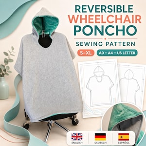 Op de afbeelding: Een omkeerbaar rolstoelponcho naaipatroon met een grijze buitenkant en een turquoise gemarmerde voering. De poncho heeft een capuchon en wordt getoond op een stoel. De tekst luidt REVERSIBLE WHEELCHAIR PONCHO SEWING PATTERN S-XL A0 A4 US LETTER.