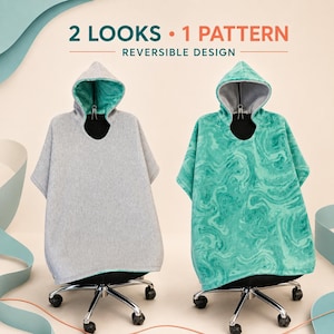 May include: A reversible hooded poncho featuring a solid heather gray side and a teal marbled pattern side. The text 2 LOOKS 1 PATTERN REVERSIBLE DESIGN is displayed above the two ponchos, which are shown draped over chairs to demonstrate the design.